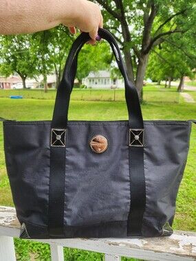 Franco Sarto Black Nylon Tote with Metal Logo Accent Zipper Closure Preloved